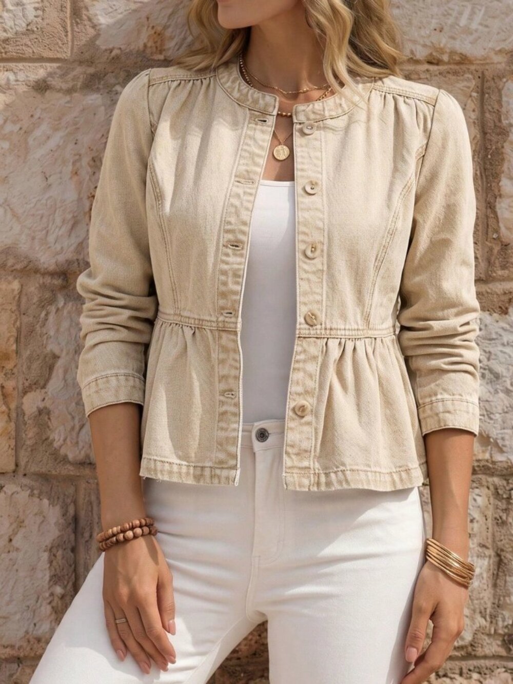 Beige Casual Women's Single-Breasted Pleated Long Sleeve Denim Jacket